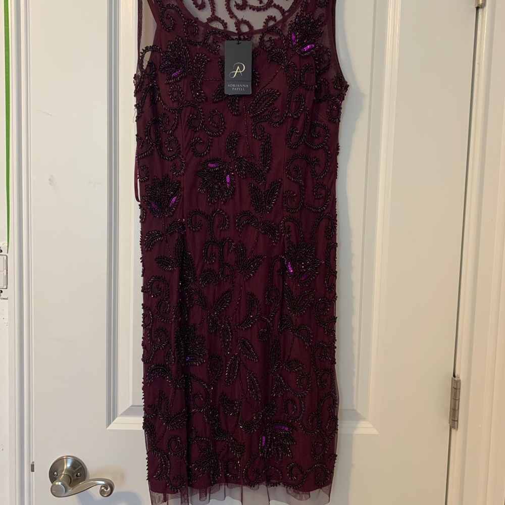 Adrianna Papell Burgundy Beaded Sequined Dress.